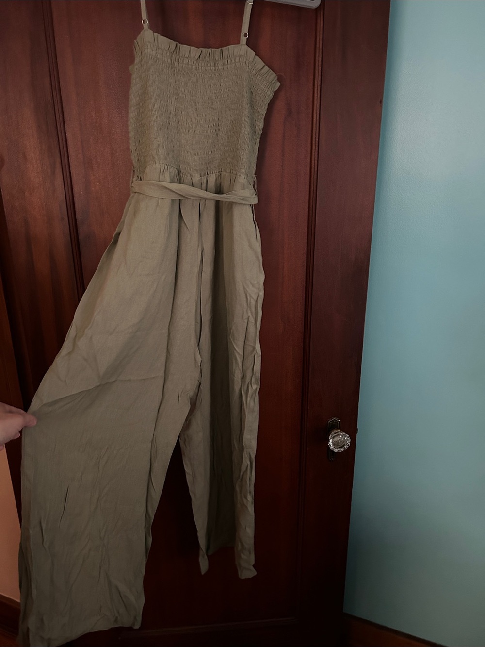 Smocked Button Front Maxi Jumpsuit in Olive - Picture 3 of 4